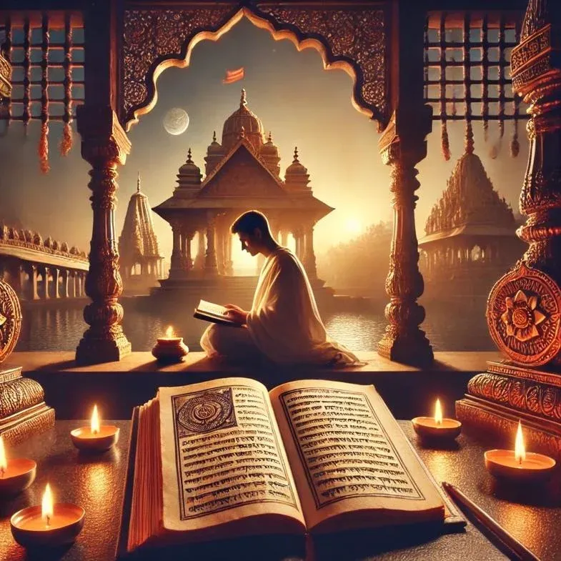 A person is gathering knowledge from scriptures.