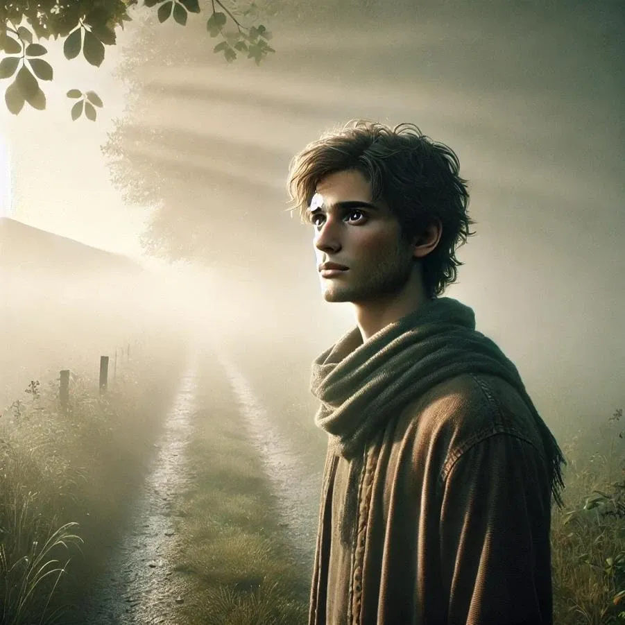  A highly realistic and emotionally expressive image of a person standing at the edge of a misty path in nature, symbolizing life's uncertainty.