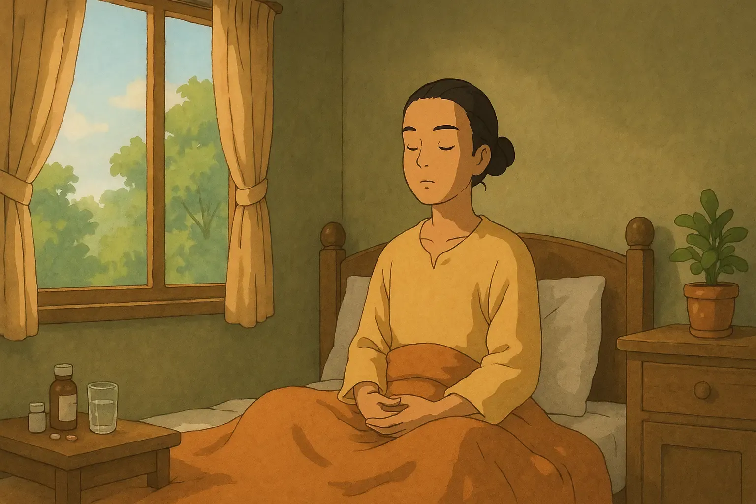 A Ghibli-style scene showing a person sitting peacefully in bed, wrapped in a warm blanket. They are meditating with eyes closed and hands resting gently in their lap. Sunlight filters softly through an open window with light curtains, revealing lush green trees outside. Beside them is a small bedside table with simple medicines and a glass of water, and on the other side is a small potted plant. The room feels calm, natural, and nurturing, suggesting inner peace during illness.