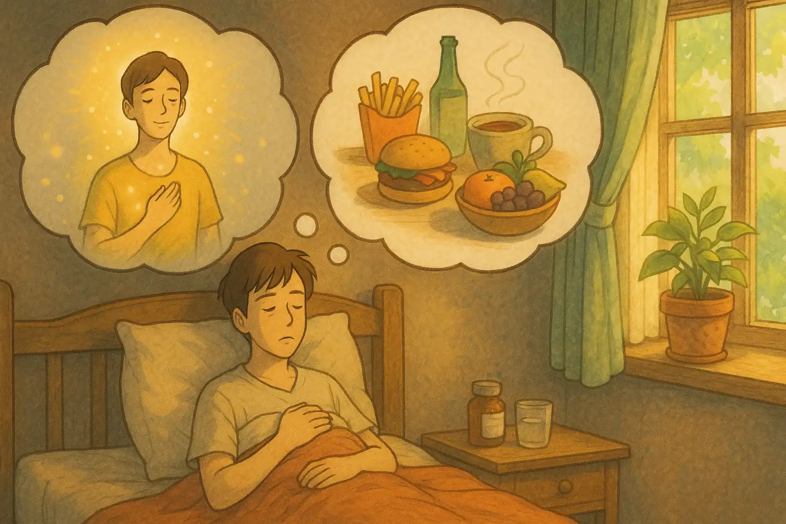 "A Ghibli-style illustration of a person lying in bed, reflecting on the causes of their illness. Two thought clouds float above them: one shows a serene, glowing figure with a hand on the heart, symbolizing karmic purification; the other shows food and lifestyle elements, representing habits and daily choices. Soft sunlight enters through a window, with medicine and a potted plant nearby, creating a warm and reflective atmosphere."