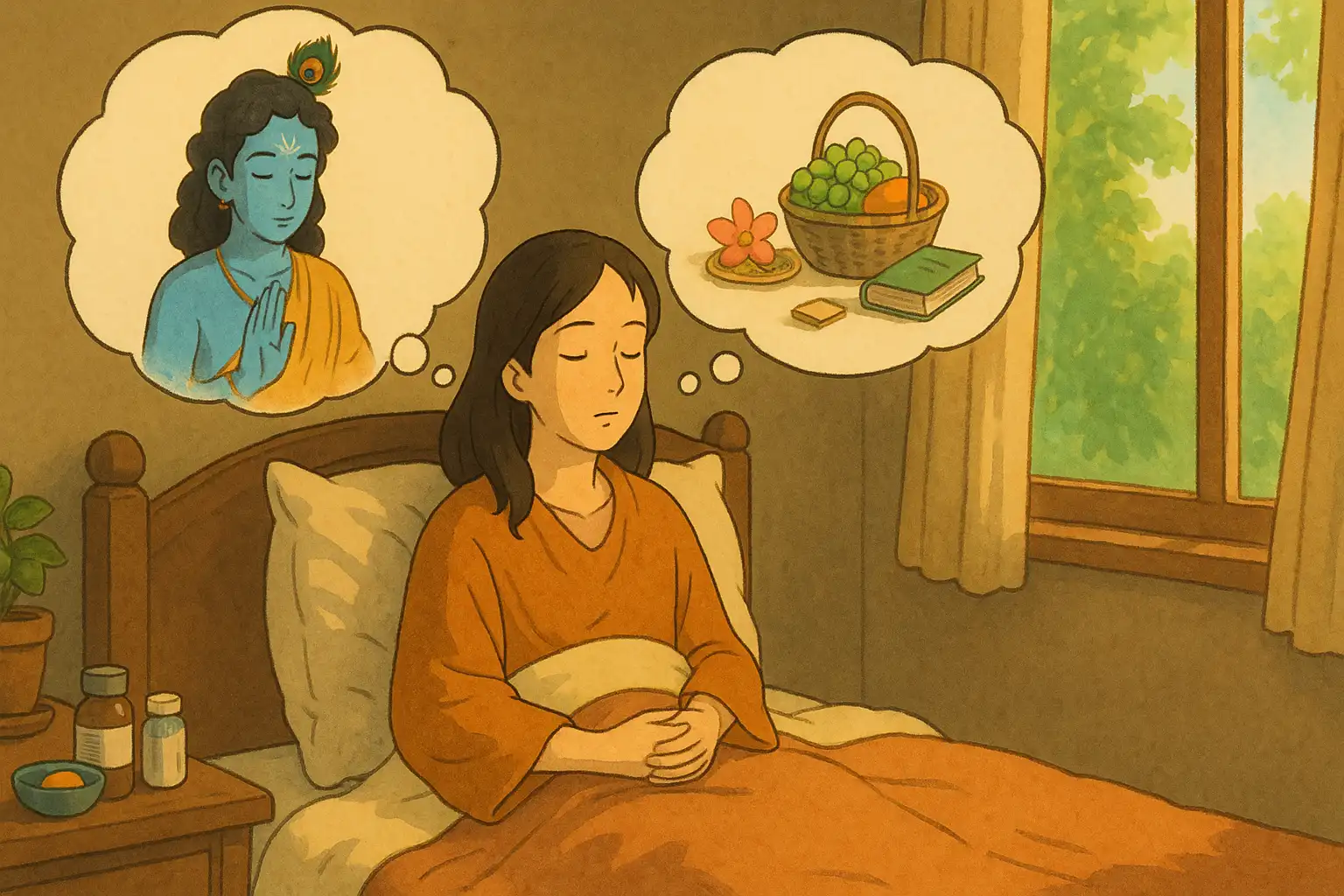 "A Ghibli-style illustration of a person sitting peacefully in bed, wrapped in a blanket. Two soft thought clouds appear above them. In the first cloud, they lovingly visualize Lord Krishna with serene devotion, representing meditation, chanting, and mental worship. In the second cloud, there is a small basket of fruits, a flower, and a scripture book, symbolizing simple acts of seva, offering, and spiritual reading. Warm sunlight filters in through a window with green trees outside, and a bedside table holds gentle medicines and water. The mood is calm, devotional, and full of heartfelt sincerity."