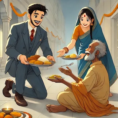 Two cheerful Indian individuals lovingly feed a poor man during Diwali, surrounded by soft lights and rangoli. Their smiles reflect the deep happiness that comes from giving.