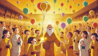 A serene ashram courtyard where disciples exchange colorful balloons under a kind guru’s guidance, bathed in warm sunlight — a Studio Ghibli–style depiction of happiness through giving.