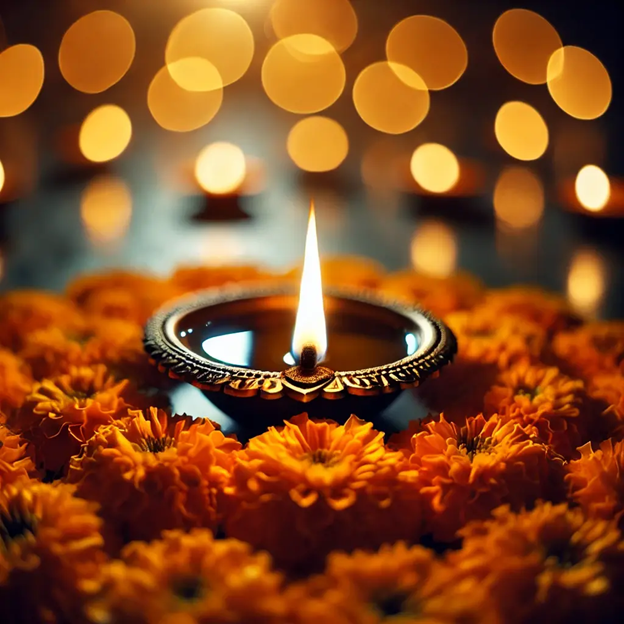 A lit candle in a circle of orange flowers

AI-generated content may be incorrect.