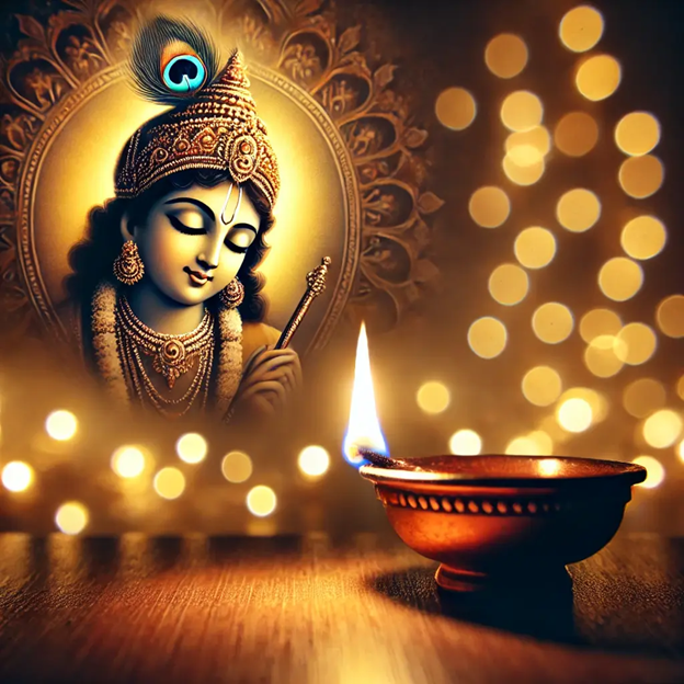 A painting of a person with a peacock feather on head and a candle

AI-generated content may be incorrect.