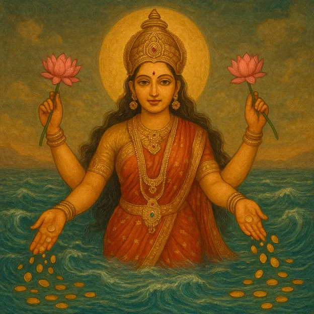 A painting of a person holding flowers and coins in water

AI-generated content may be incorrect.