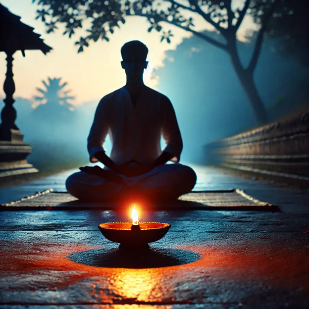 A person sitting in a lotus position with a lit candle in front of him

AI-generated content may be incorrect.