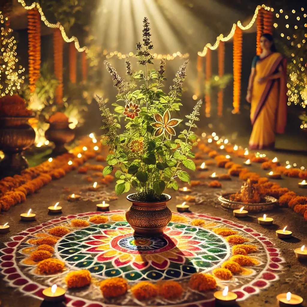 Tulsi plant with diyas surrounding it, symbolizing the purity and devotion of the ritual.