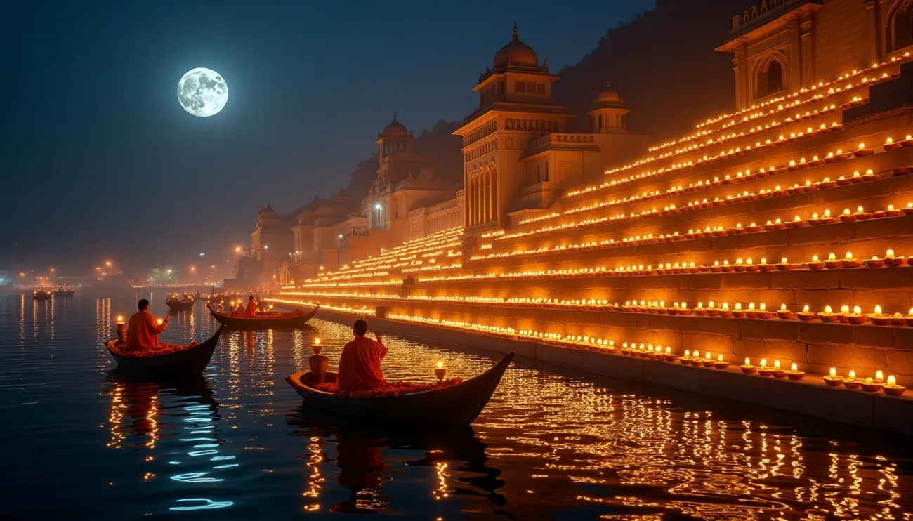 Varanasi during Dev Diwali with diyas floating on the Ganges river, temples lit in golden light, and the night sky illuminated with stars