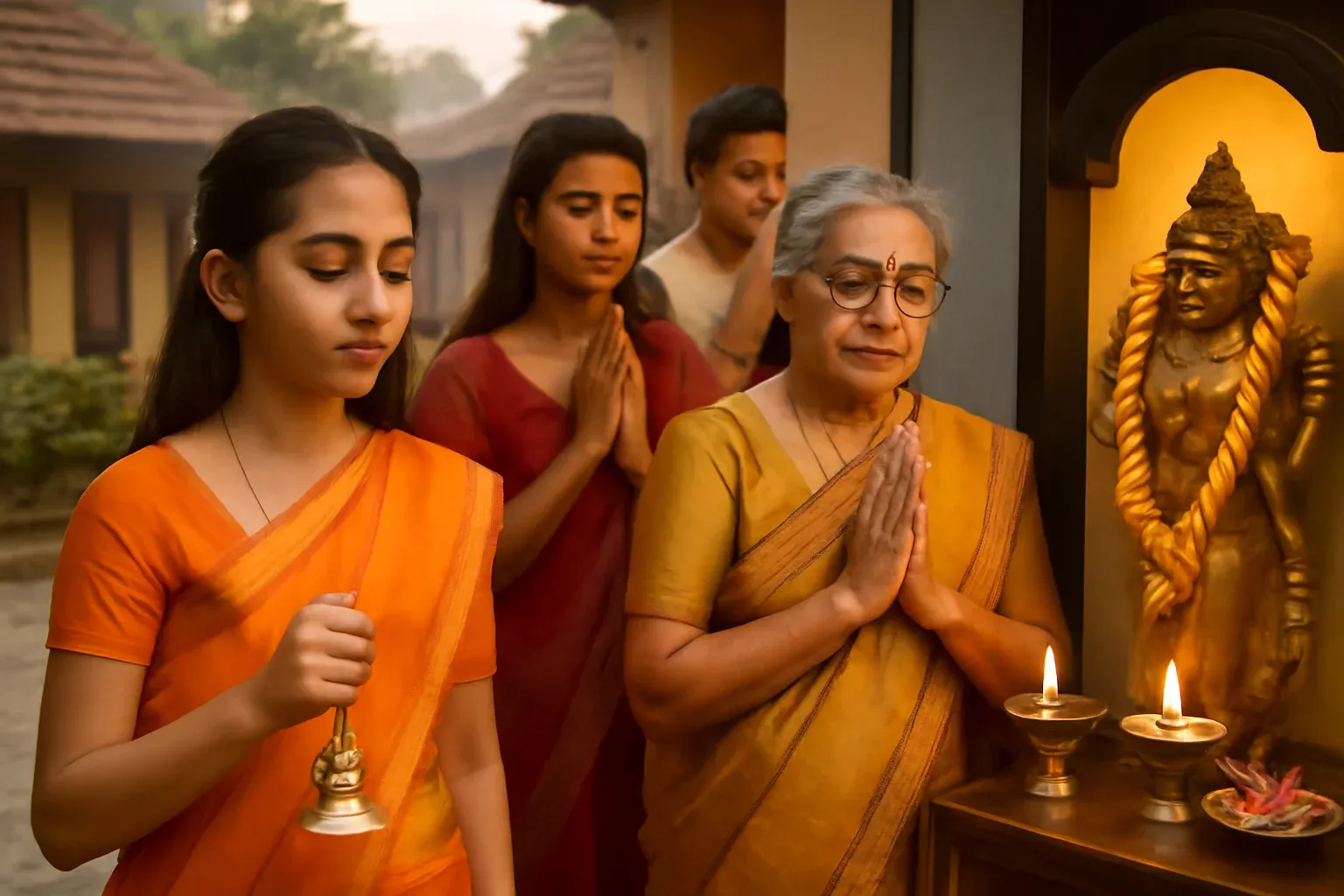 A moment of devotion: As the morning light bathes the family in warmth, Priya, her grandmother, and family members offer prayers before the home temple, with the deity’s serene presence guiding their sacred ritual.