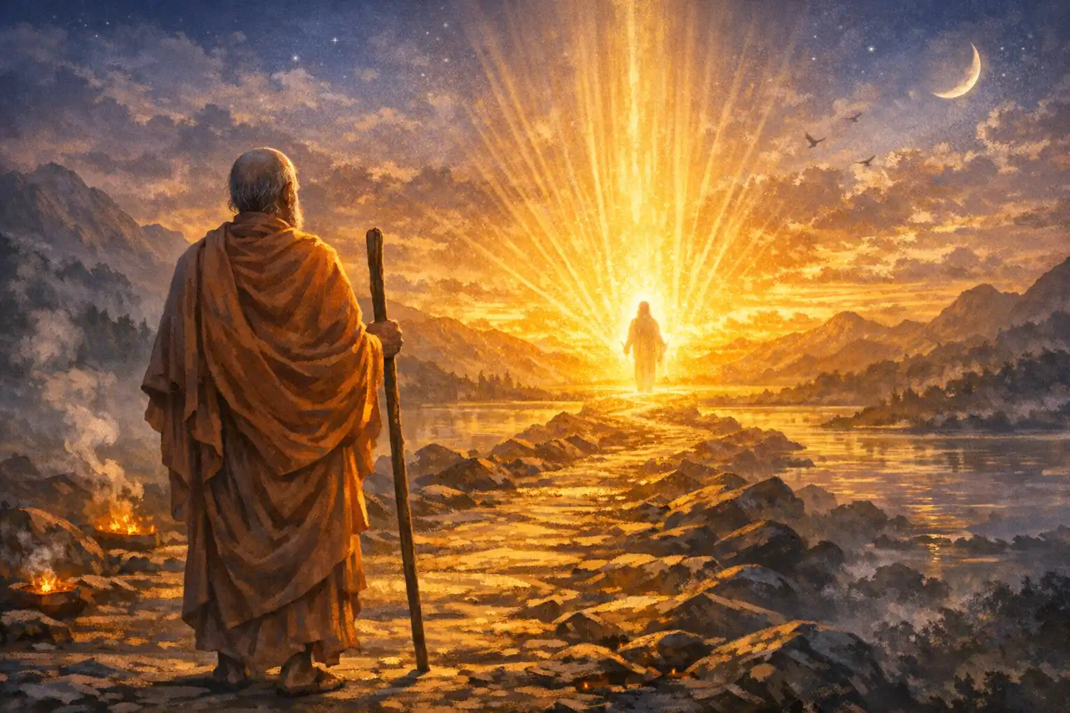 A devoted seeker stands at the threshold of life’s culmination, gazing toward the radiant divine presence, where surrender becomes guidance and faith turns into a living path toward God