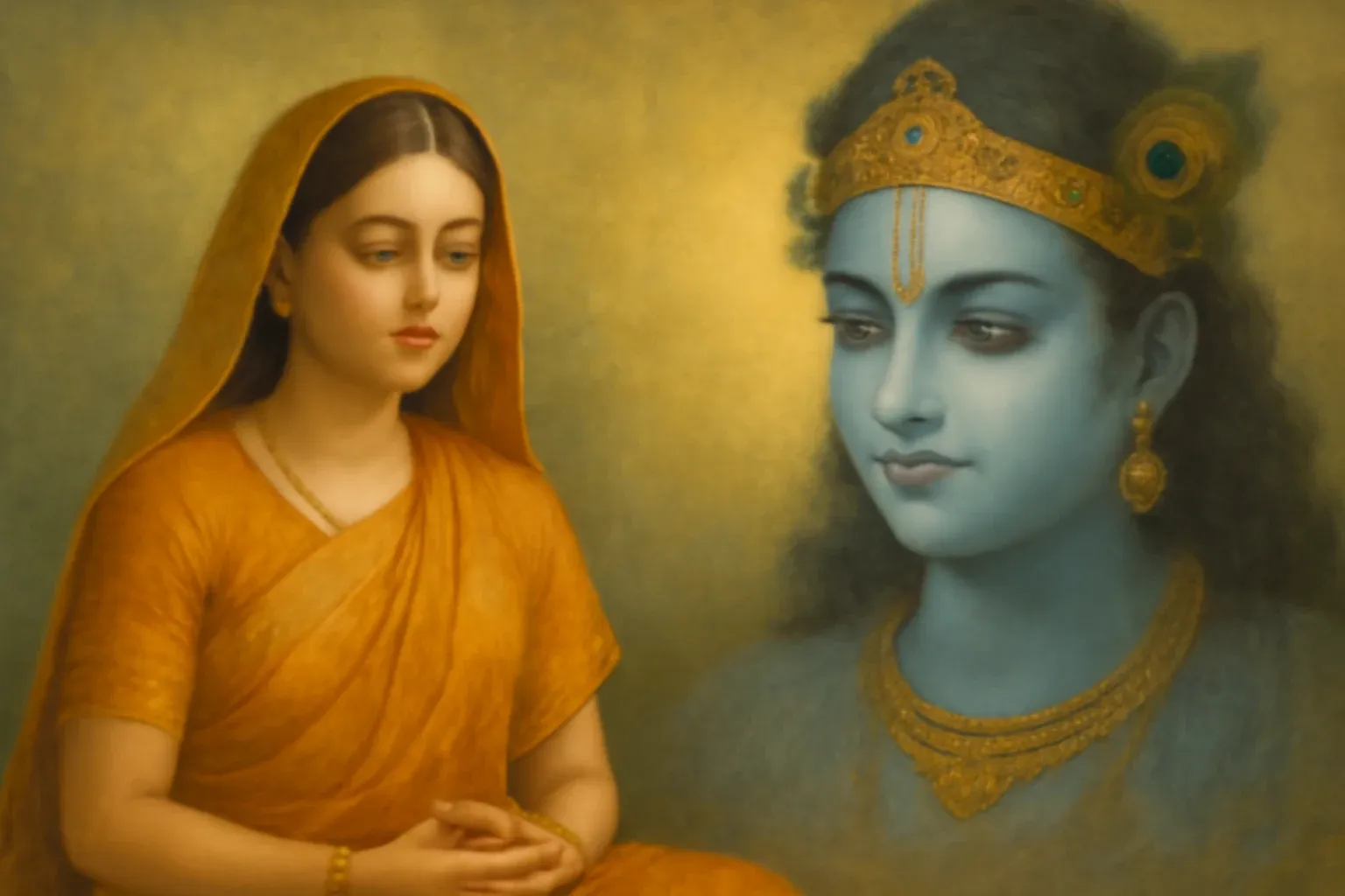 A serene moment of meditation, where devotion meets divine wisdom, as a young woman connects with Lord Krishna's peaceful presence