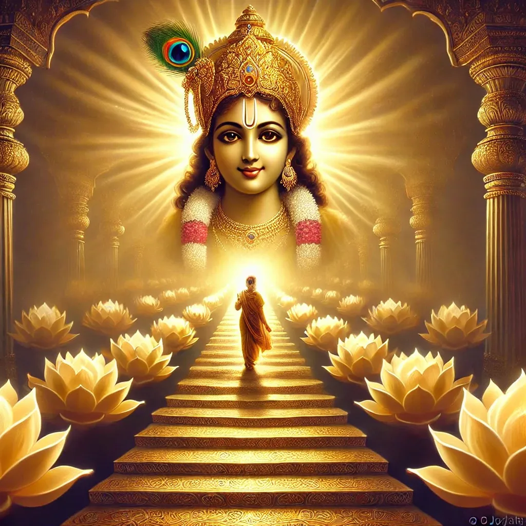 "With each glowing lotus step, Andal ascends the divine path, guided by the radiant presence of Lord Krishna, whose eyes shine with boundless grace and love"