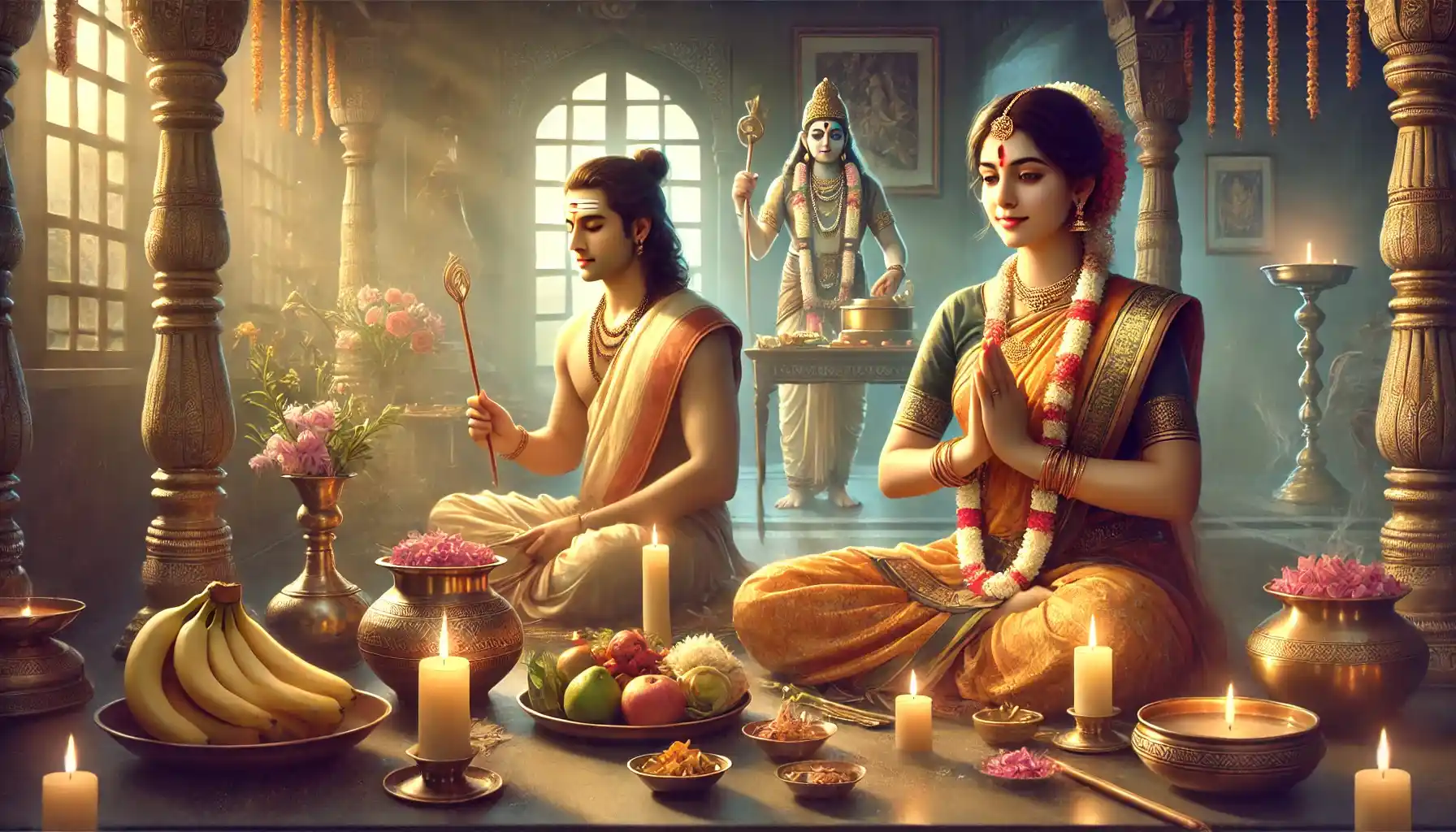 Devotees performing the sacred Dhanurmas Pooja ritual, offering prayers and gratitude in a peaceful, serene setting. The morning light gently illuminates the altar, symbolizing devotion and spiritual grace.