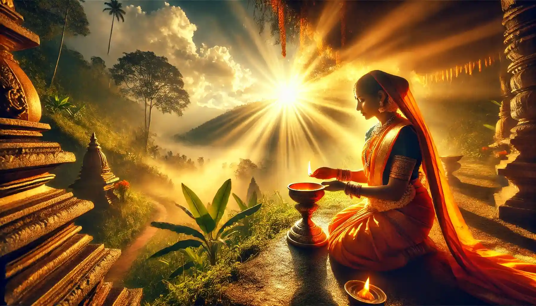 During Dhanurmas, an Indian devotee lights a Diya, inviting divine light and spiritual awakening as the sun’s rays purify the surroundings, creating a serene connection with the cosmos