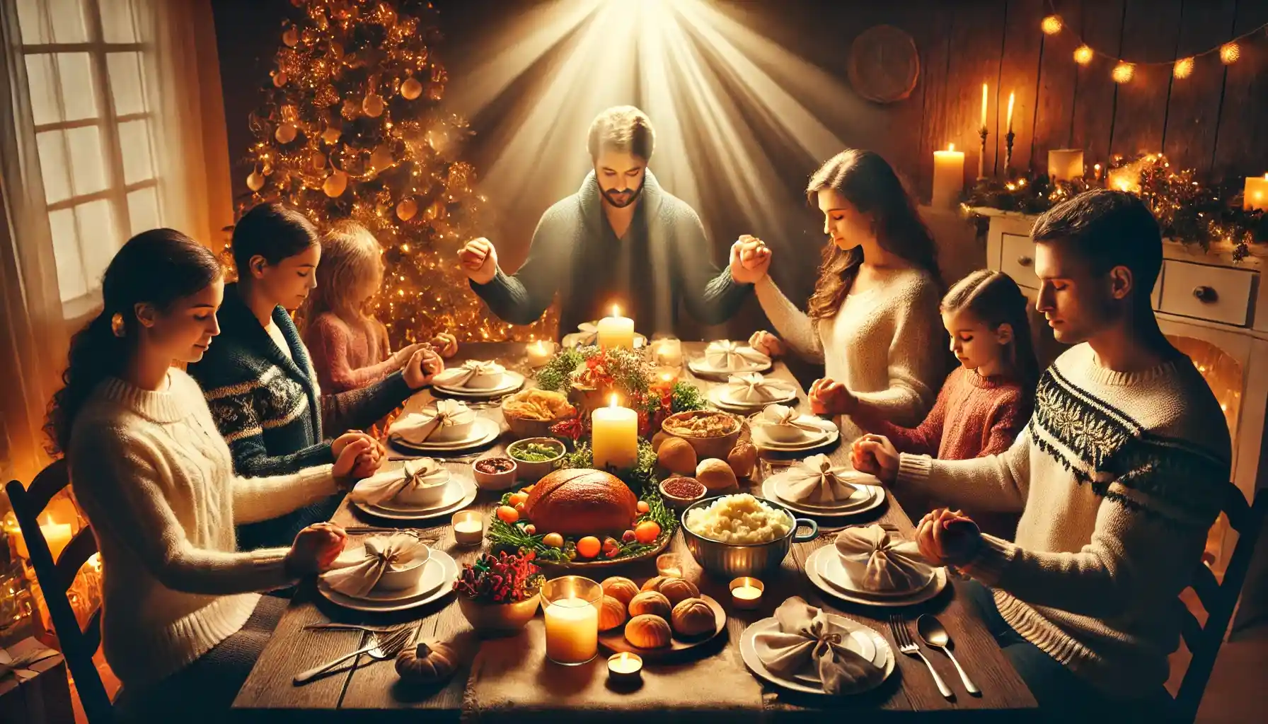 With hearts united in prayer, a family offers their Christmas meal to God—an expression of love, gratitude, and sanctity shared around a table of wholesome blessings.