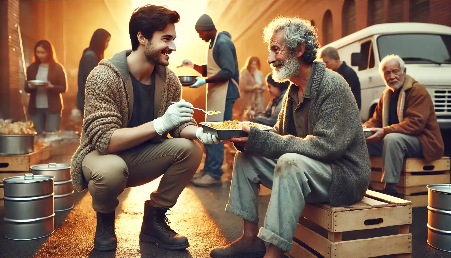 A poor person is being fed with love and compassion