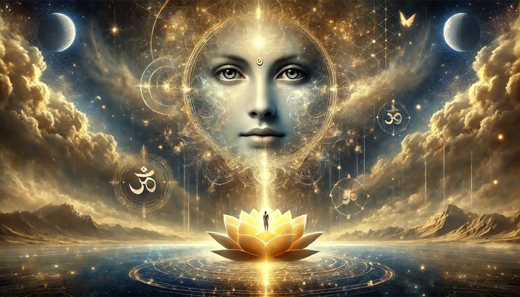 The Divine is revealed through a luminous, compassionate face, affirming a personal Supreme Reality rather than an impersonal abstraction.