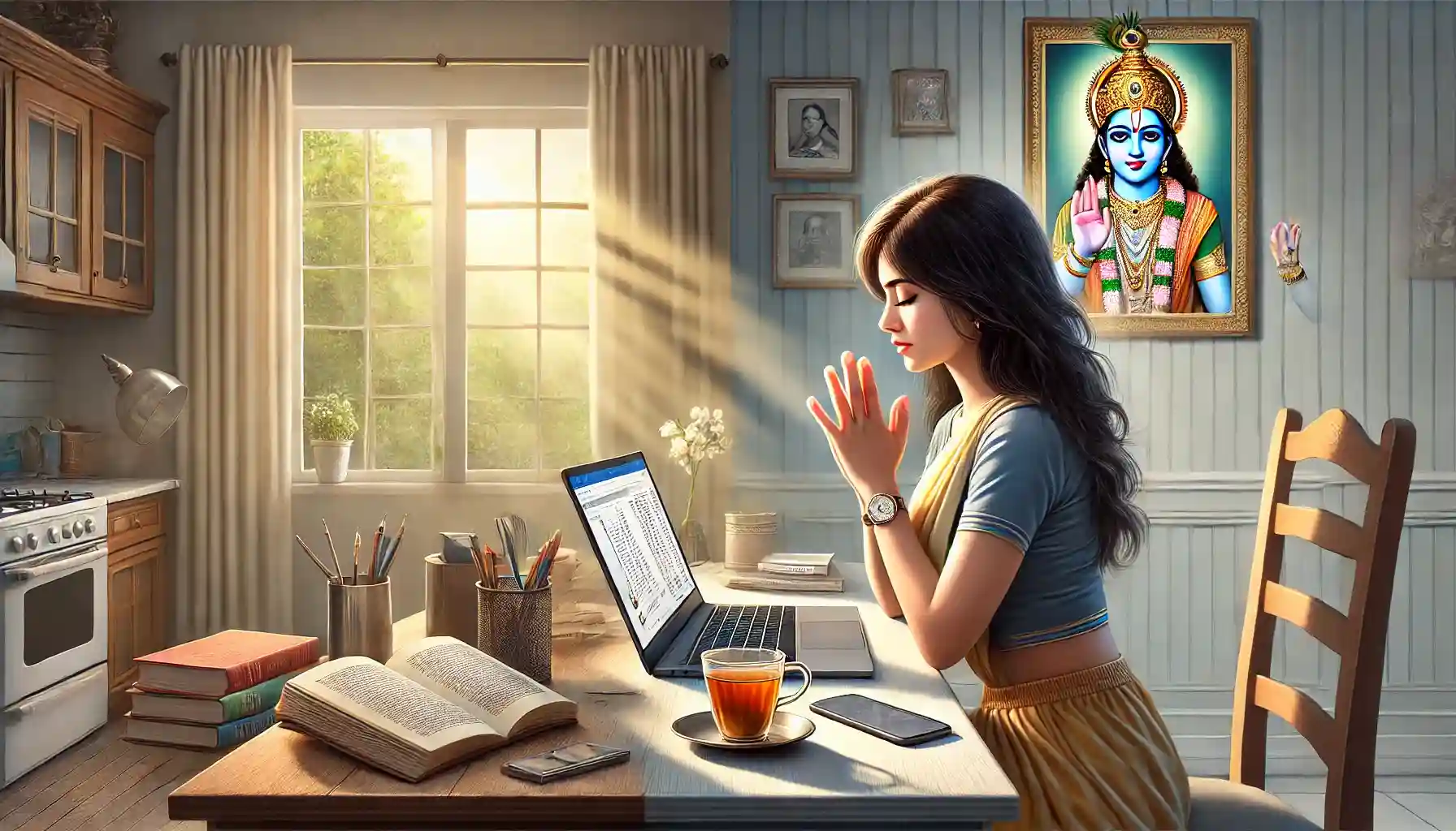 Starting the day with devotion, seeking Shree Krishna's blessings before stepping into work.