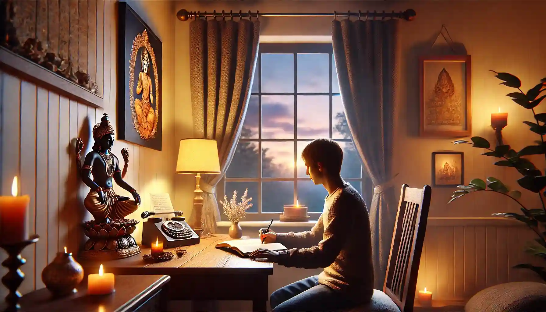 Ending the day in quiet reflection—journaling thoughts, expressing gratitude, and connecting with Shree Krishna in peaceful devotion.