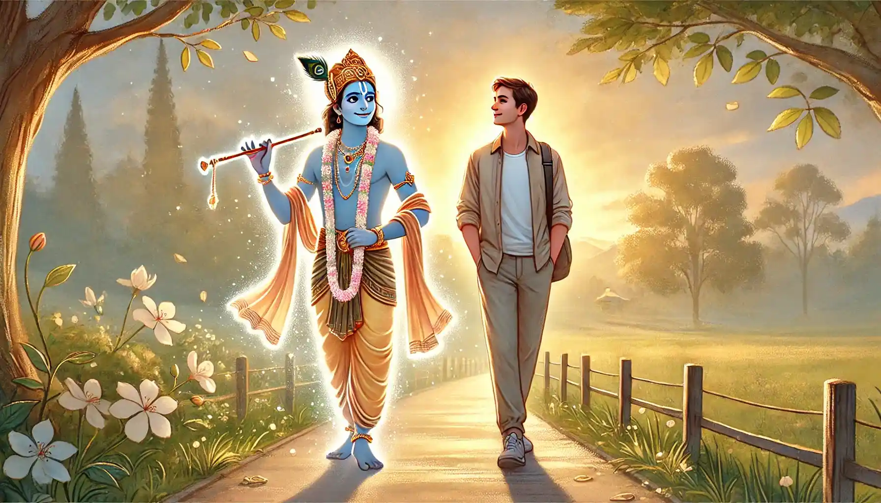 With every step, he walks not alone, but with the quiet grace of Krishna by his side.