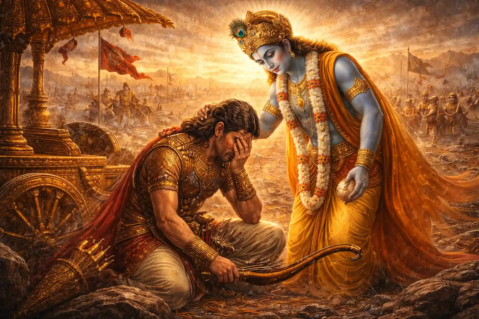ArArjuna sits overwhelmed on the battlefield as Krishna stands beside him with calm reassurance.