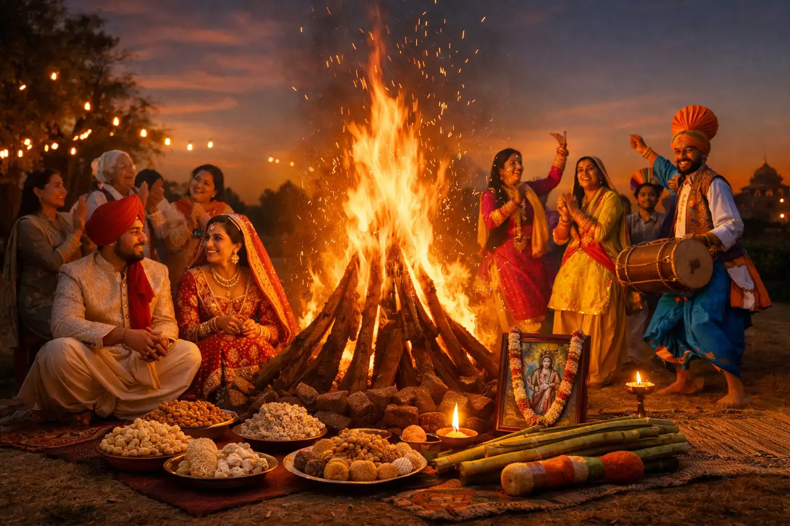 Families gathered around a bonfire celebrating Lohri together.
