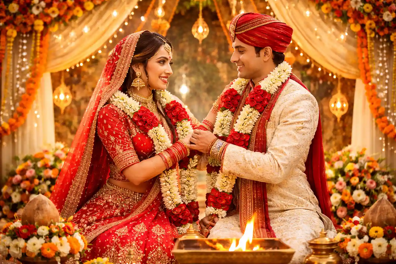 Auspicious Wedding Moments: Sacred Varmala Ceremony Under a Beautifully Decorated Mandap