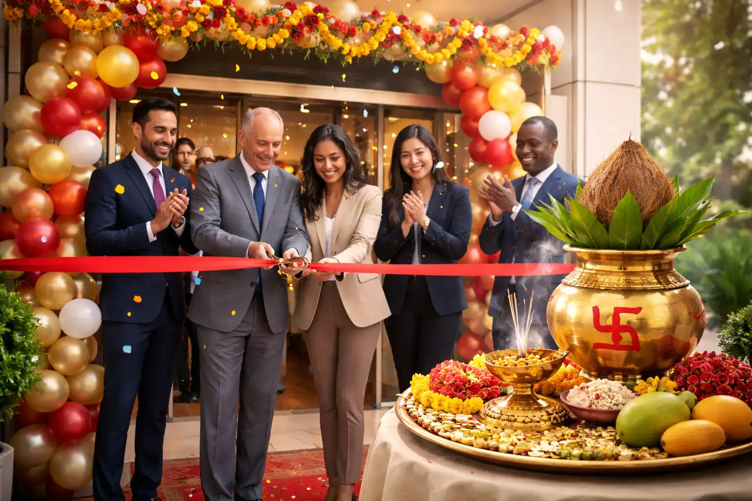 A prosperous beginning: celebrating a new business venture with tradition, teamwork, and a ribbon-cutting moment of success