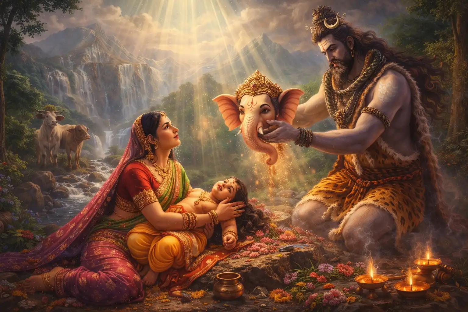 The Divine Moment: Lord Shiva Bestows an Elephant's Head Upon Ganesha