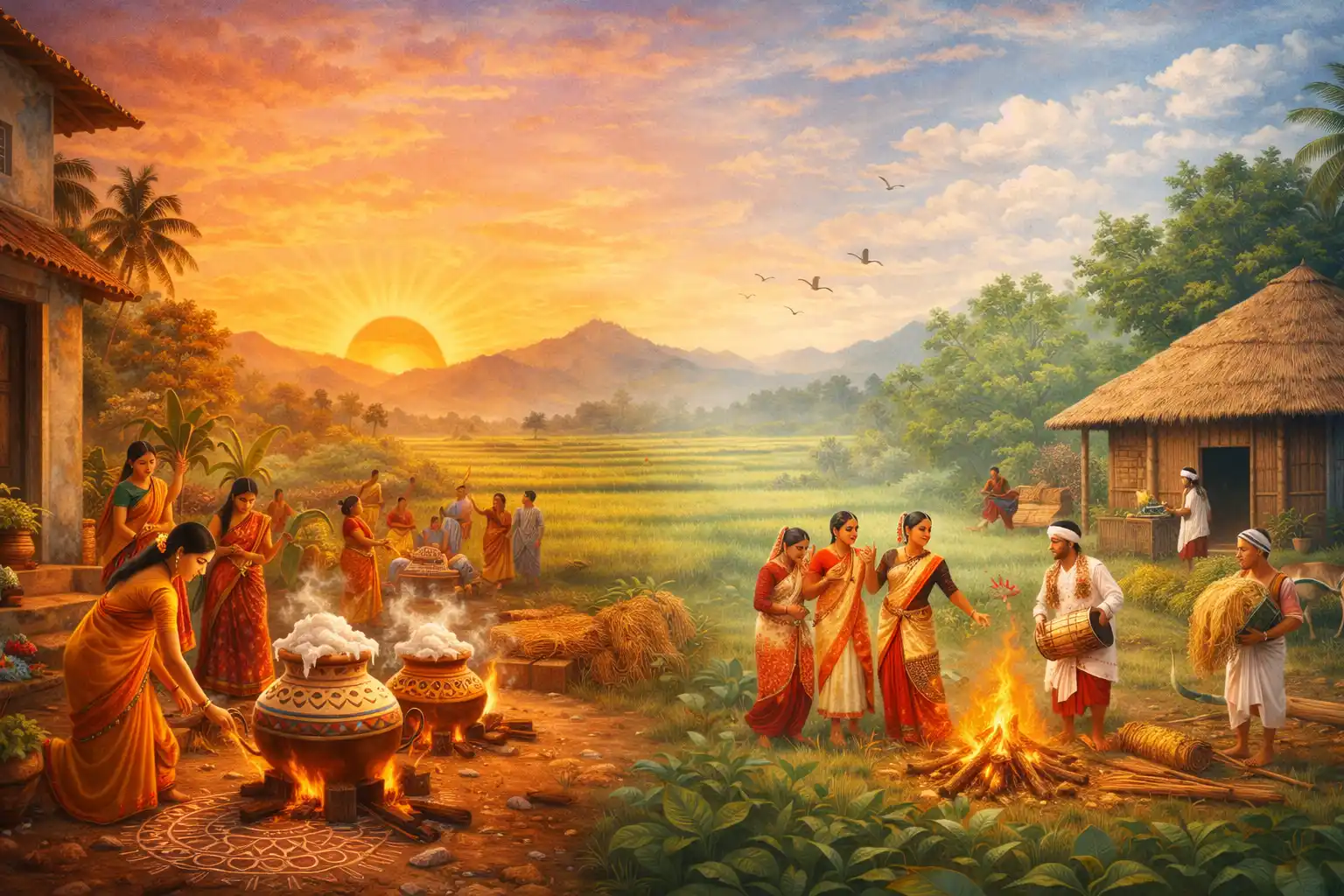 A sunrise unites Tamil Nadu and Assam as Pongal and Magh Bihu celebrations begin with gratitude, harvest rituals, and shared hope.