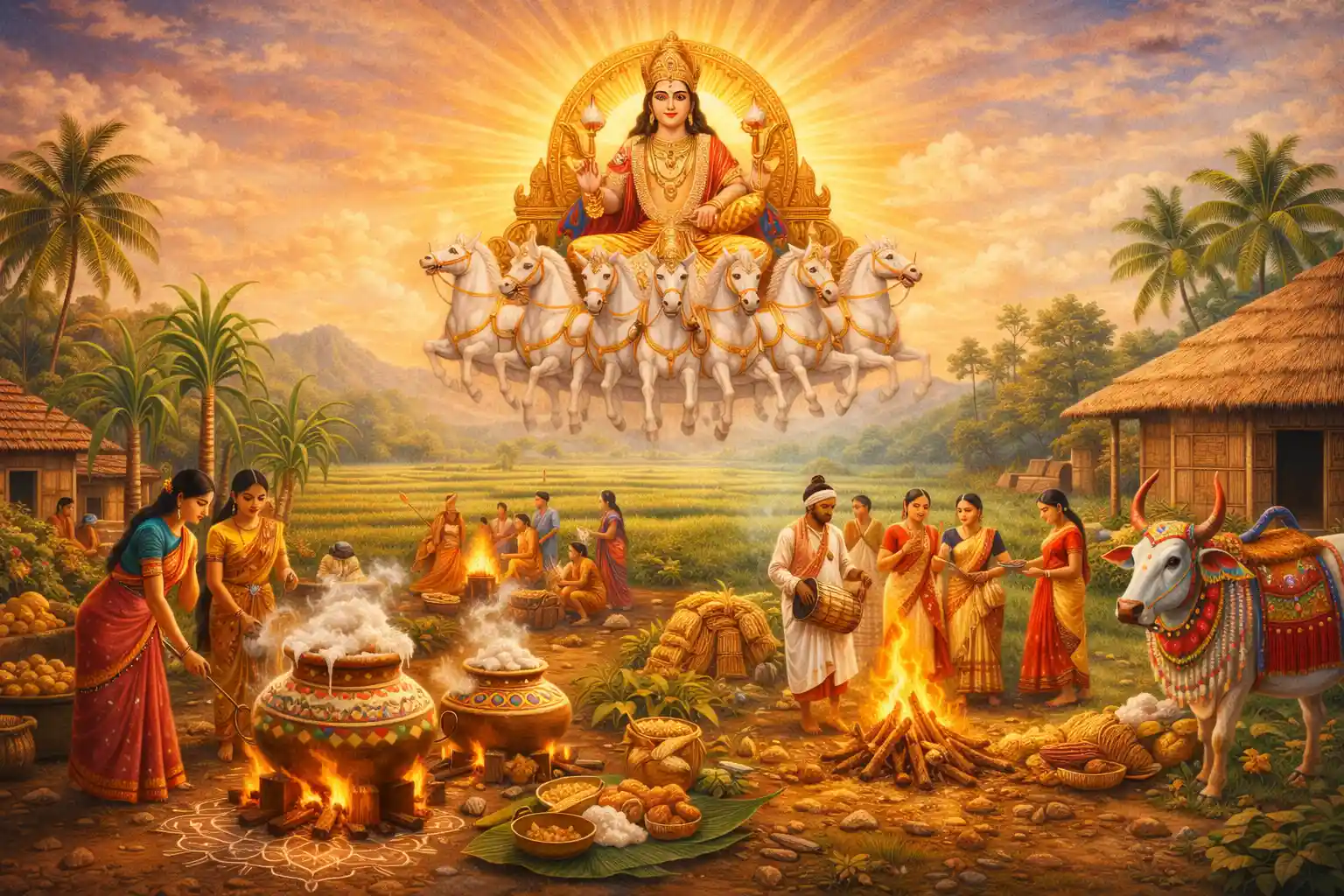 Pongal celebration honoring Surya, the sun god, with overflowing rice pots, harvest offerings, and gratitude for abundance and prosperity.