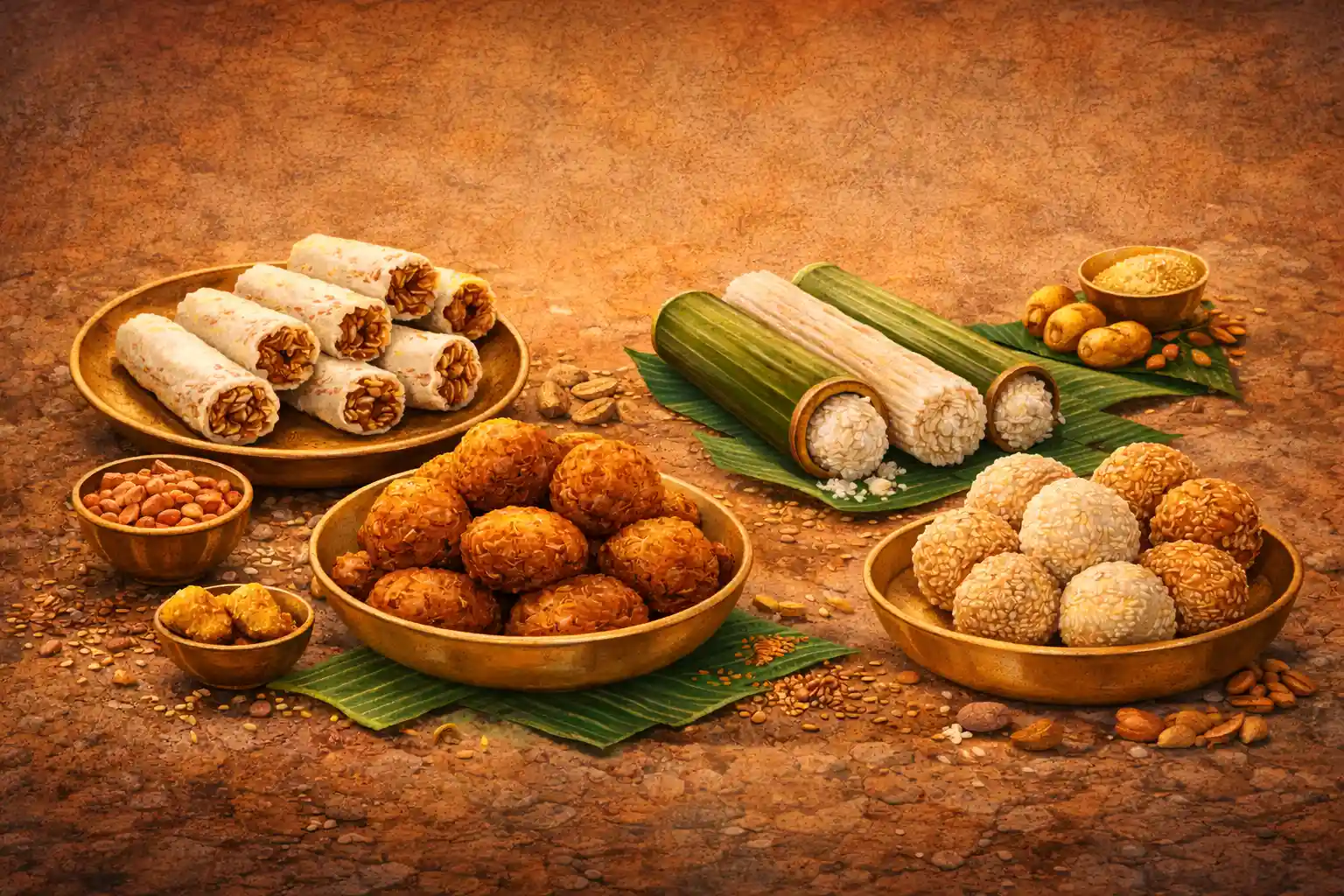 Traditional Magh Bihu delicacies featuring pitha varieties and laru, celebrating Assam’s rice based cuisine and harvest abundance.