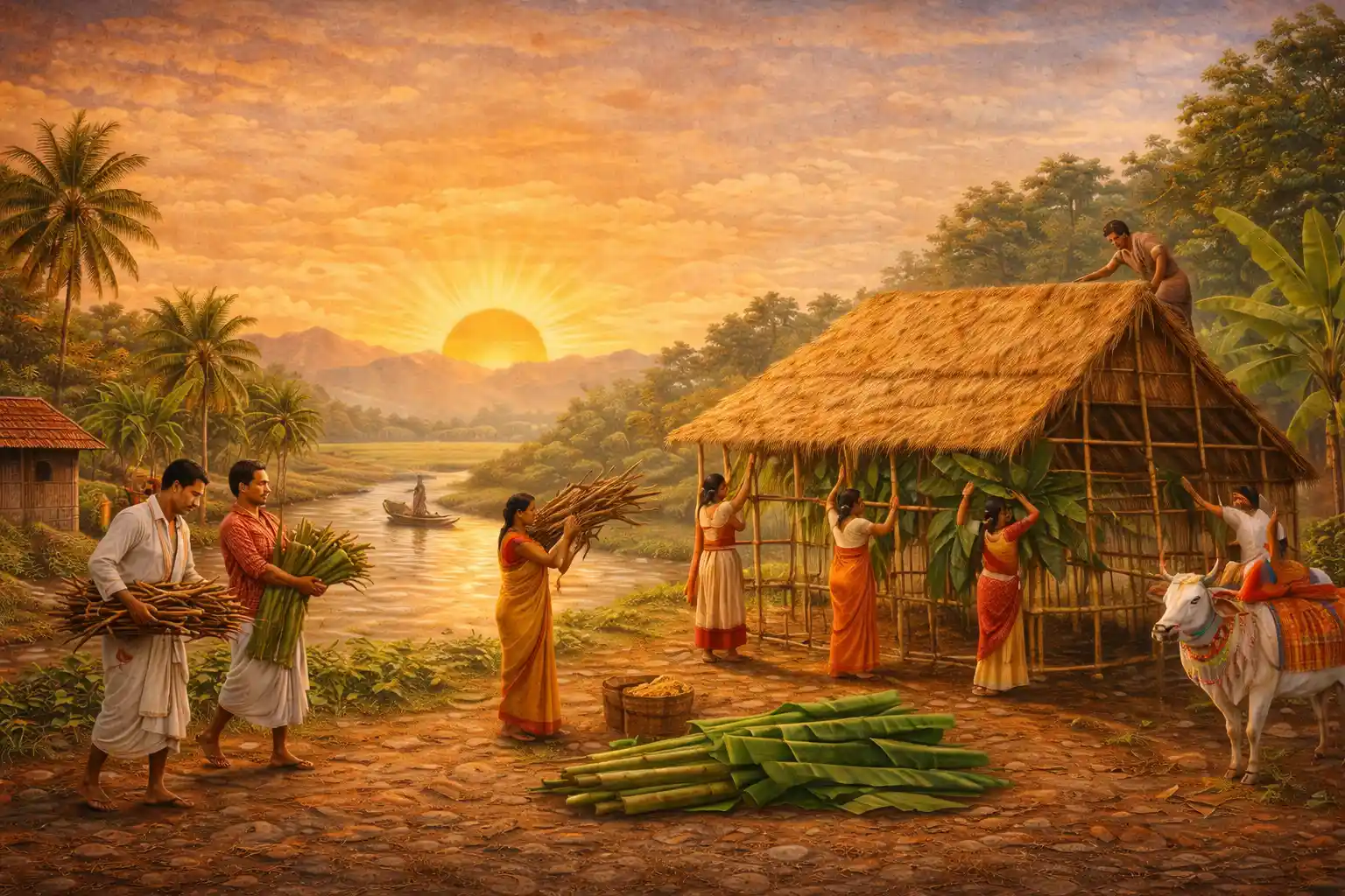 Villagers in Assam come together to build a Bhelaghar near the river, marking the preparation day of Magh Bihu with community spirit and tradition.