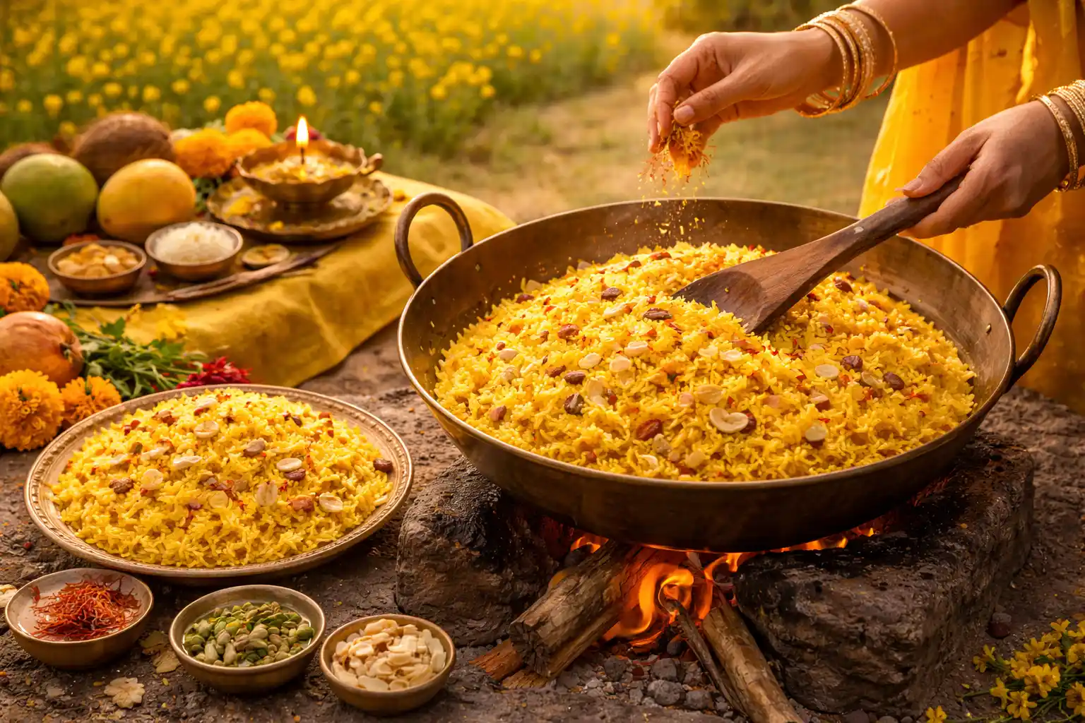 Sweet saffron rice, a fragrant tradition of Vasant Panchami, being prepared with love and devotion. The warm golden hue of the rice, adorned with nuts and raisins, perfectly mirrors the blooming mustard fields in the backdrop, symbolizing the festival's vibrant spirit of harvest and renewal