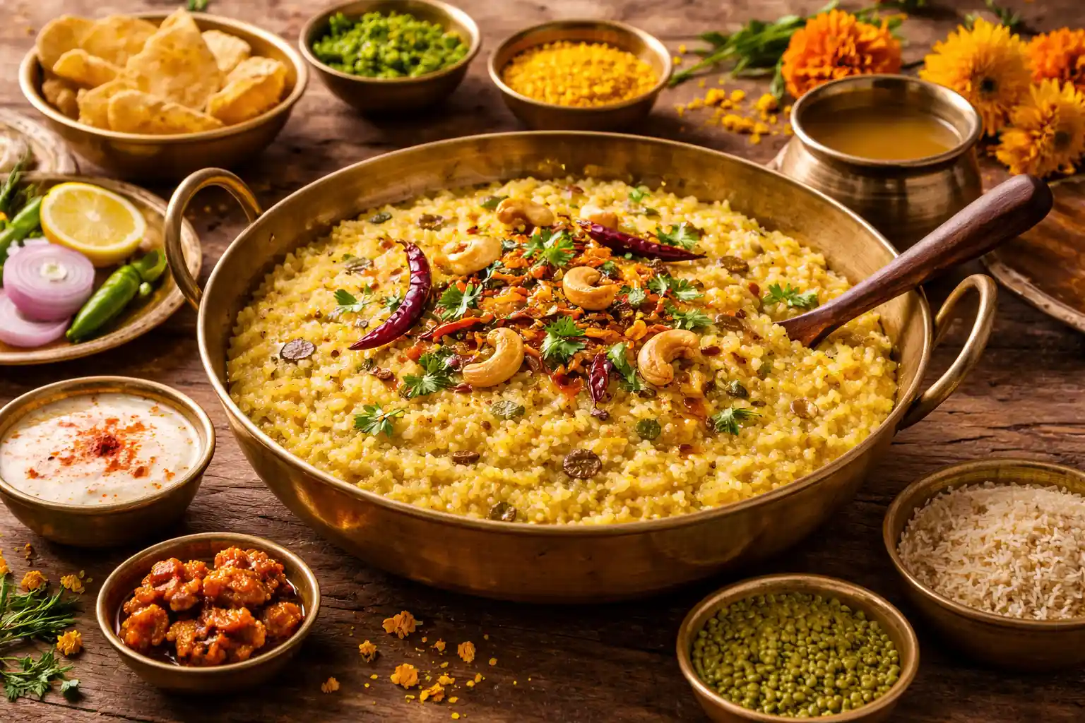 A comforting plate of traditional moong dal khichdi, garnished with fried cashews, cumin, and red chilies, capturing the essence of simple, soulful Indian cuisine. Served with crispy papadums and accompanied by fresh condiments, this dish radiates warmth and the spirit of home-cooked goodness