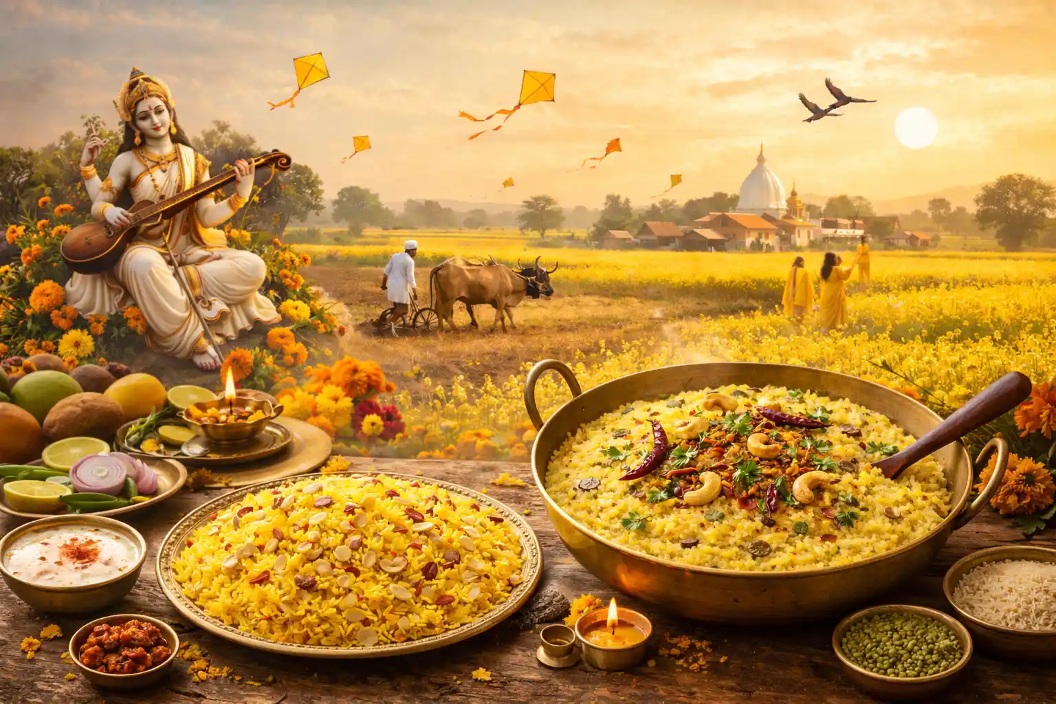 Vasant Panchami: A celebration of renewal, prosperity, and tradition, with mustard fields, traditional dishes, and the blessings of Goddess Saraswati