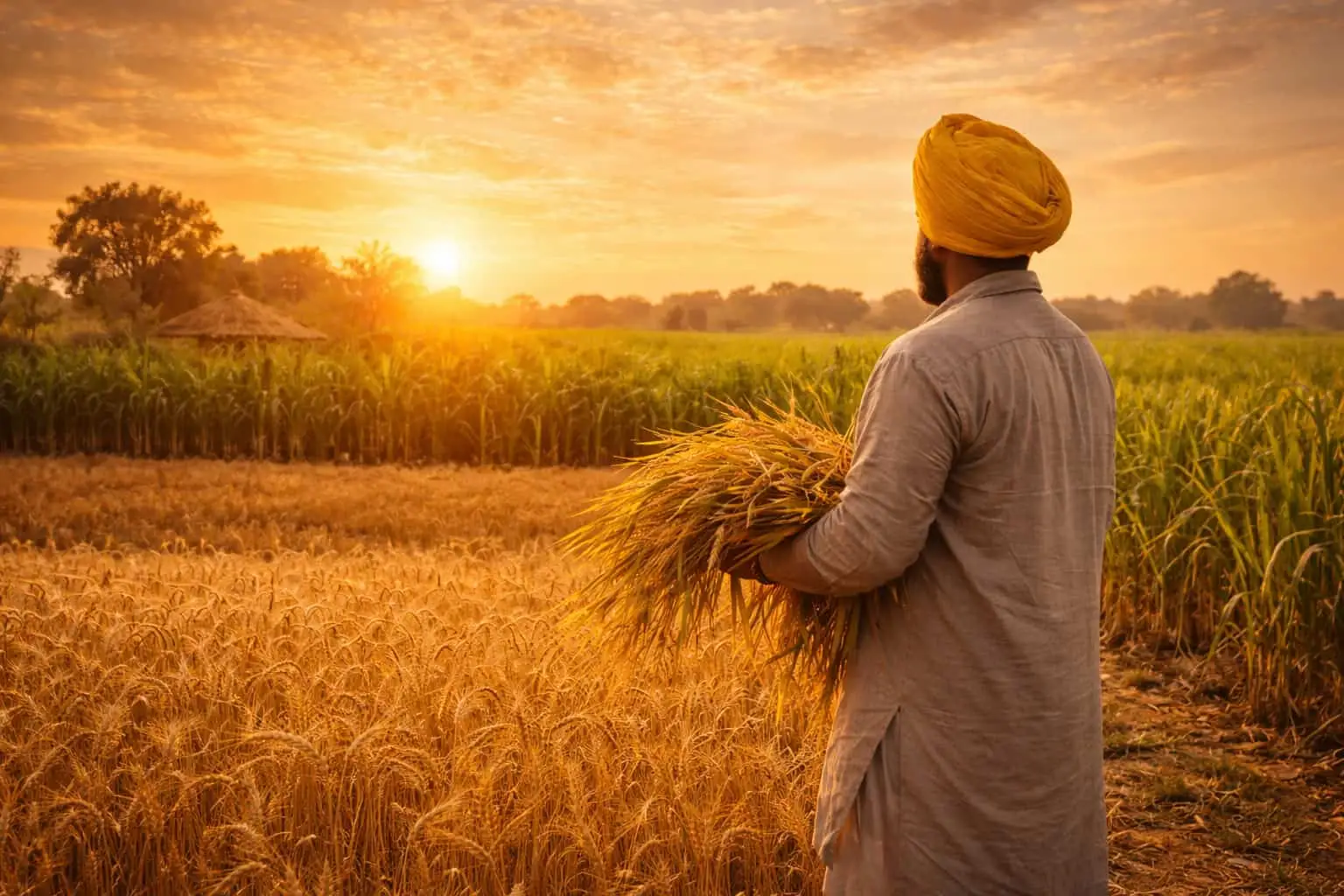 "Bathed in the golden glow of the setting sun, a farmer stands in the heart of his harvest"