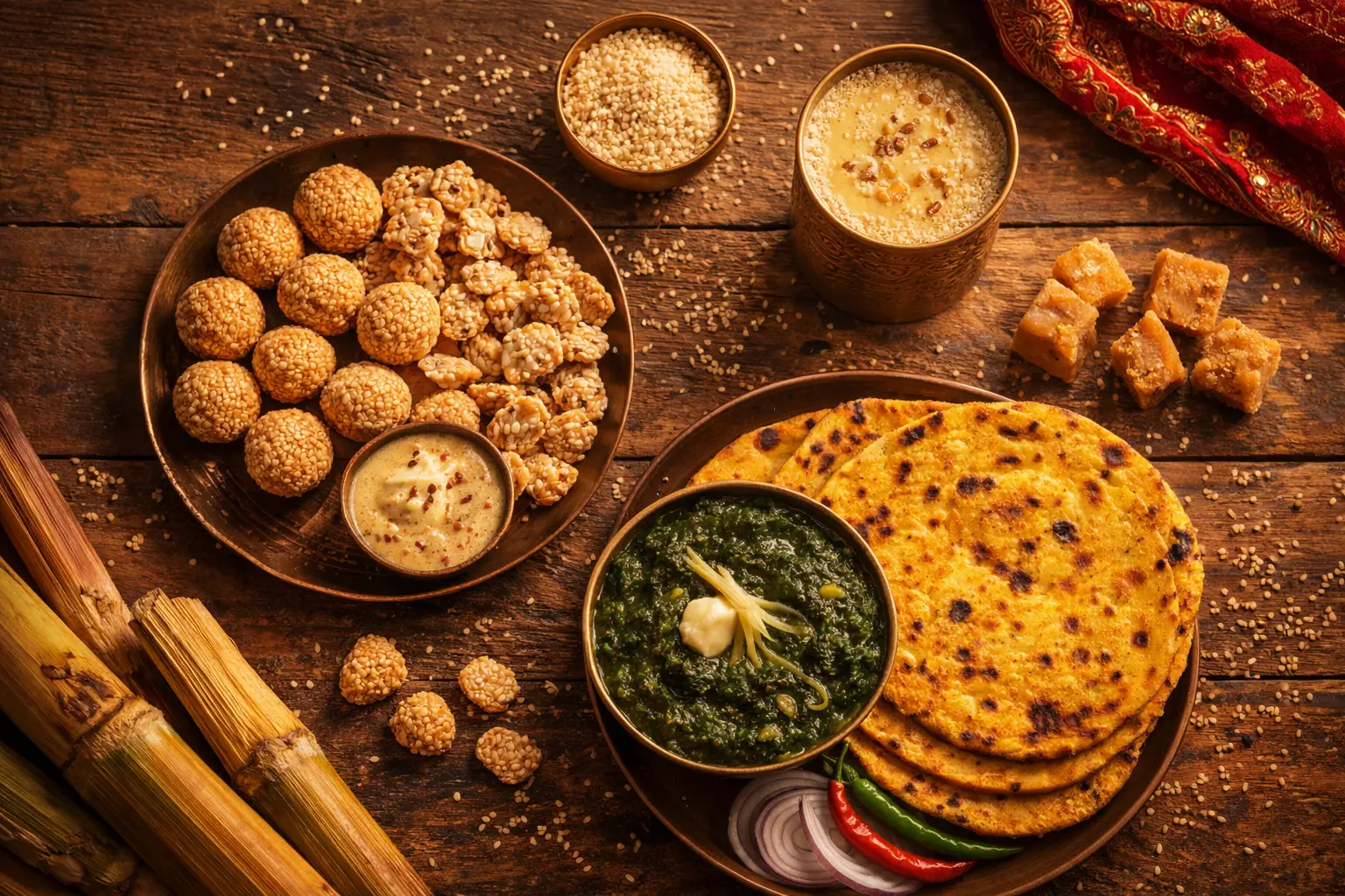 An inviting spread of traditional Lohri delights – from the warmth of Makki Di Roti with Sarson Da Saag to the sweet crunch of Til Ladoo and Rewari