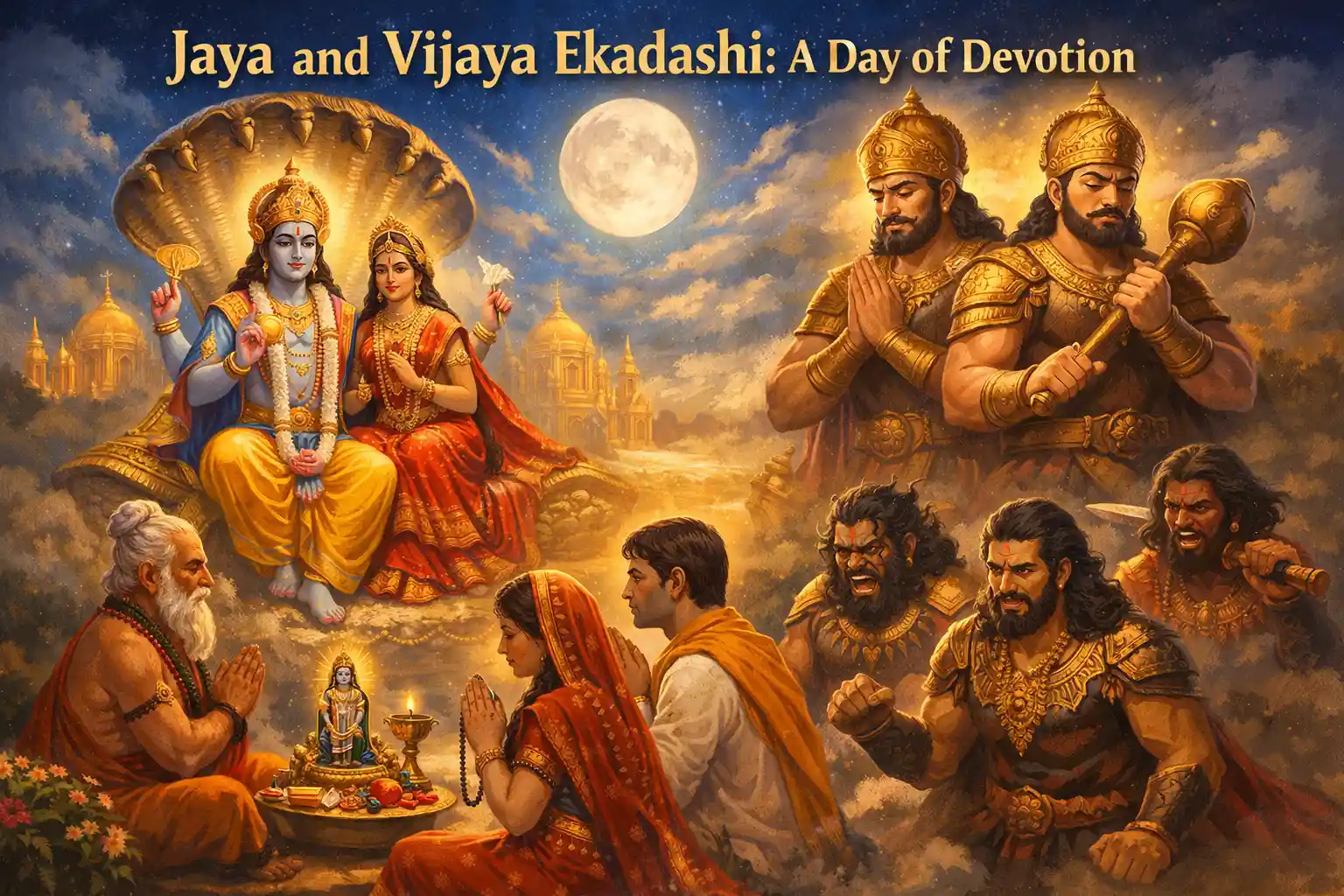 Jaya and Vijaya Ekadashi: A day of devotion, depicting the transformation of Lord Vishnu’s gatekeepers from their demon forms to divine seekers of redemption.