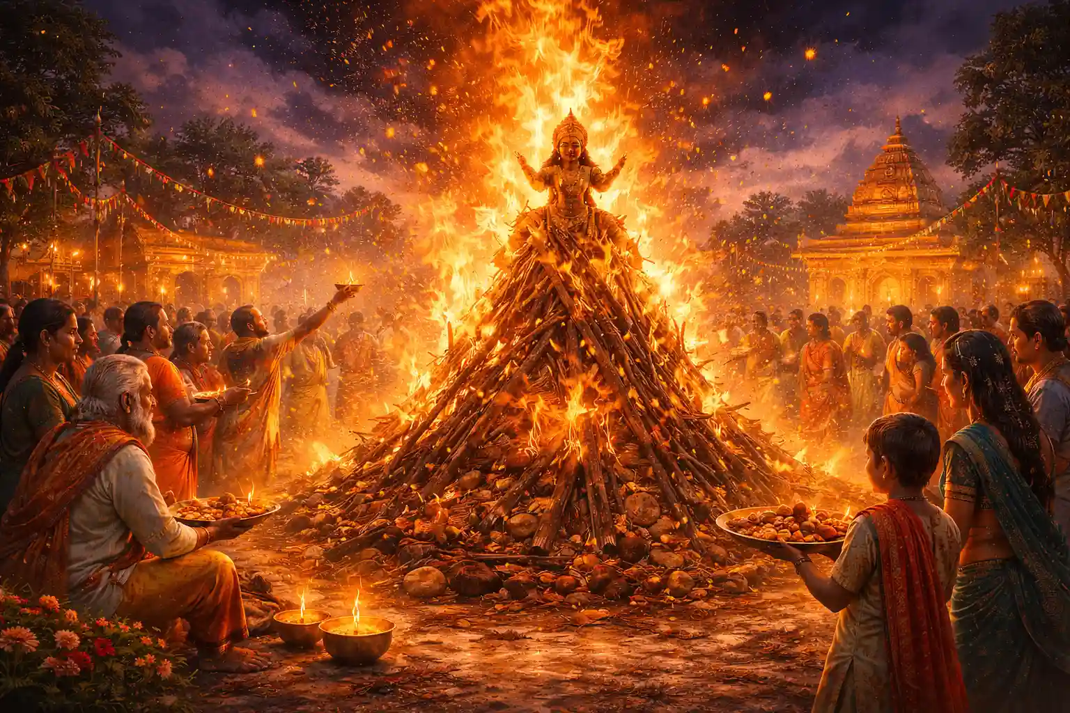 Holika Dahan: A sacred ritual marking the victory of good over evil, with devotees offering prayers and lighting a bonfire to symbolize the destruction of darkness and negativity."