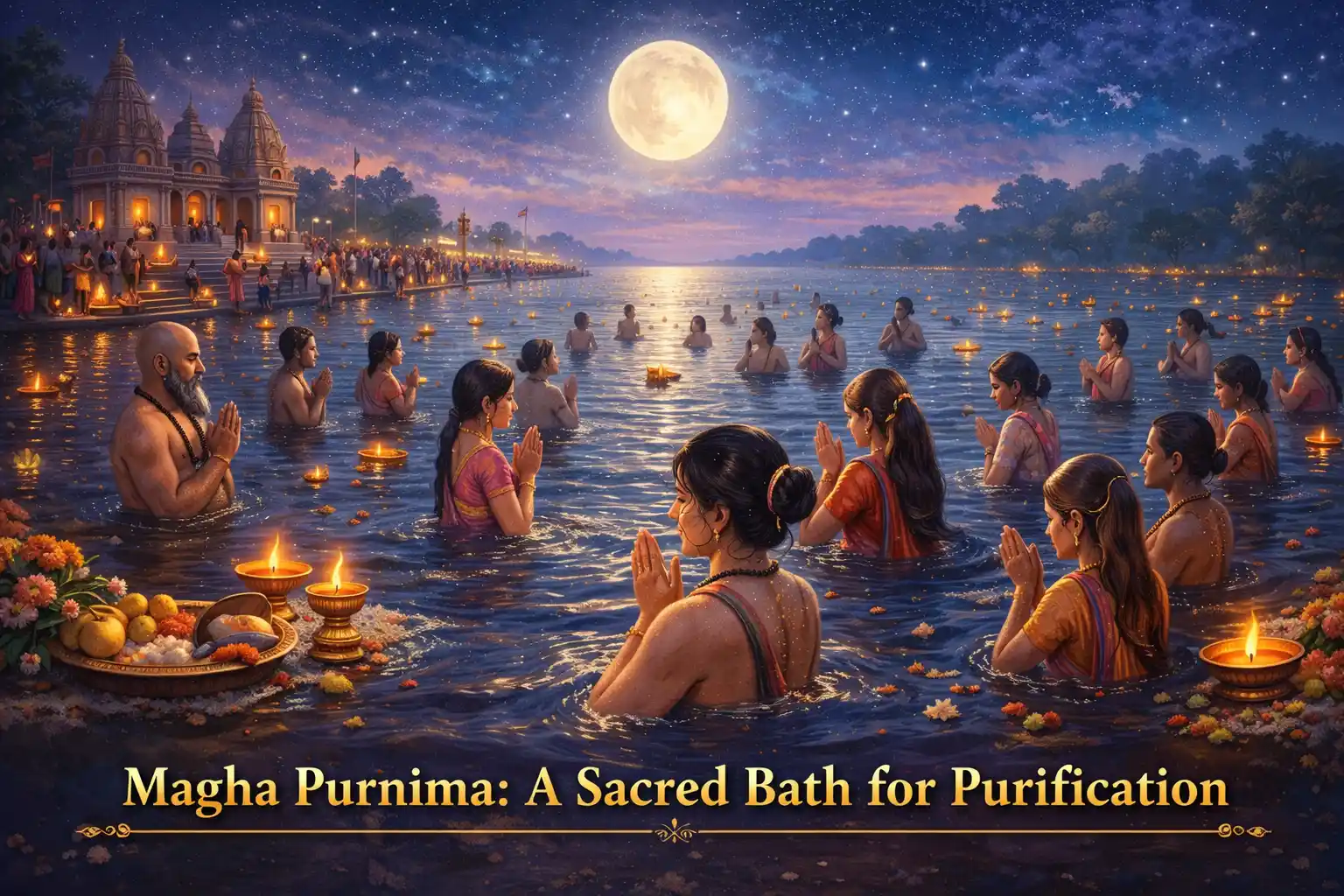 Magha Purnima: Devotees gather in the Ganges for a sacred bath under the full moon, seeking purification and spiritual blessings
