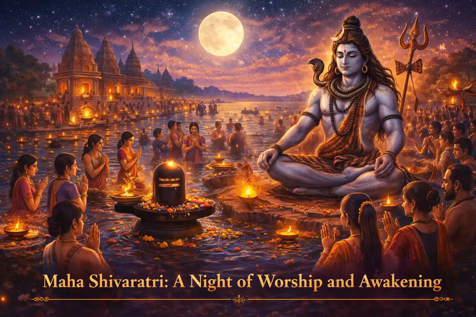 Maha Shivaratri: Devotees honor Lord Shiva with prayers and offerings under the full moon, celebrating a night of spiritual awakening and devotion
