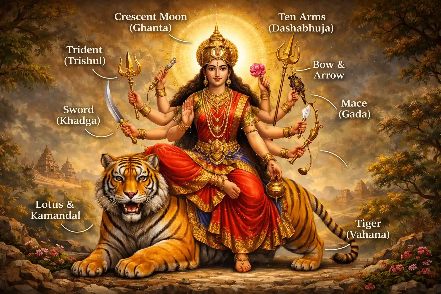 Goddess Chandraghanta, The Warrior of Compassion: Seated majestically on her tiger, adorned with the crescent moon bell and ten divine arms bearing sacred weapons, she embodies courage, protection, and serene spiritual power.