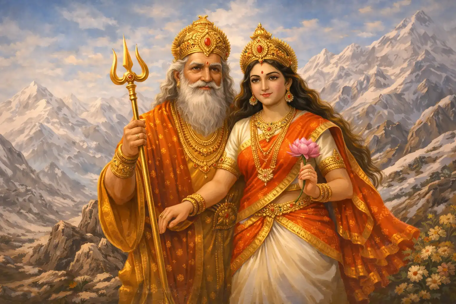 Goddess Shailputri with her father, King Himavan, symbolizing her divine origin as the daughter of the sacred mountains