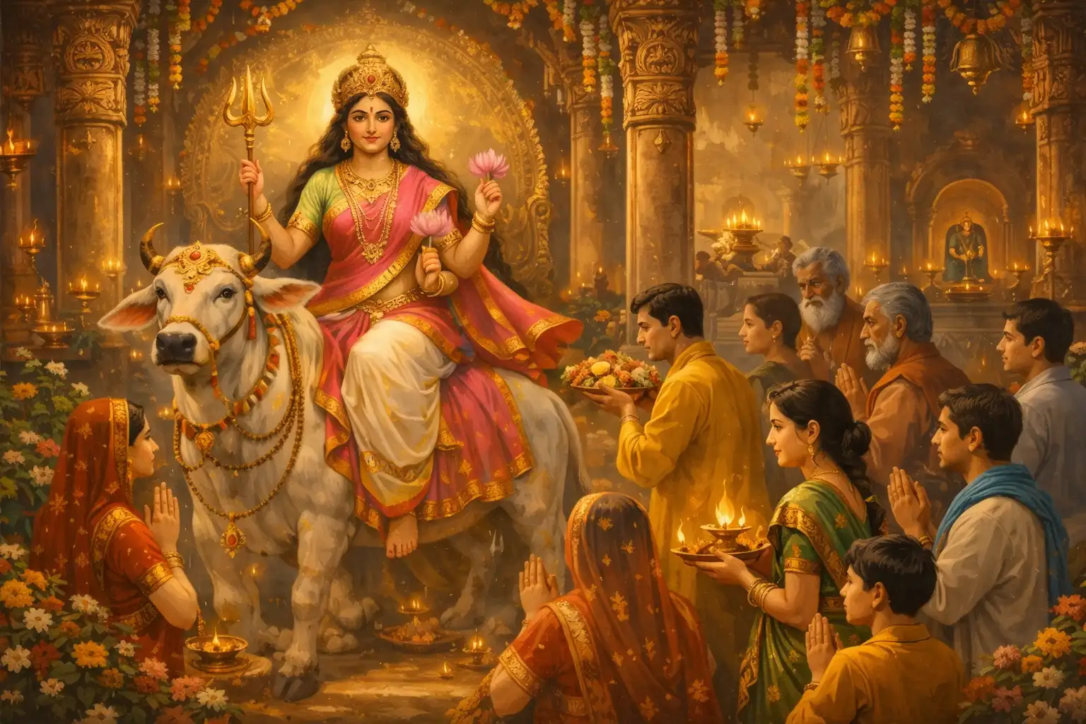 Devotees offering prayers to Goddess Shailputri in the temple, seeking strength, purity, and divine blessings during Magh Navratri.