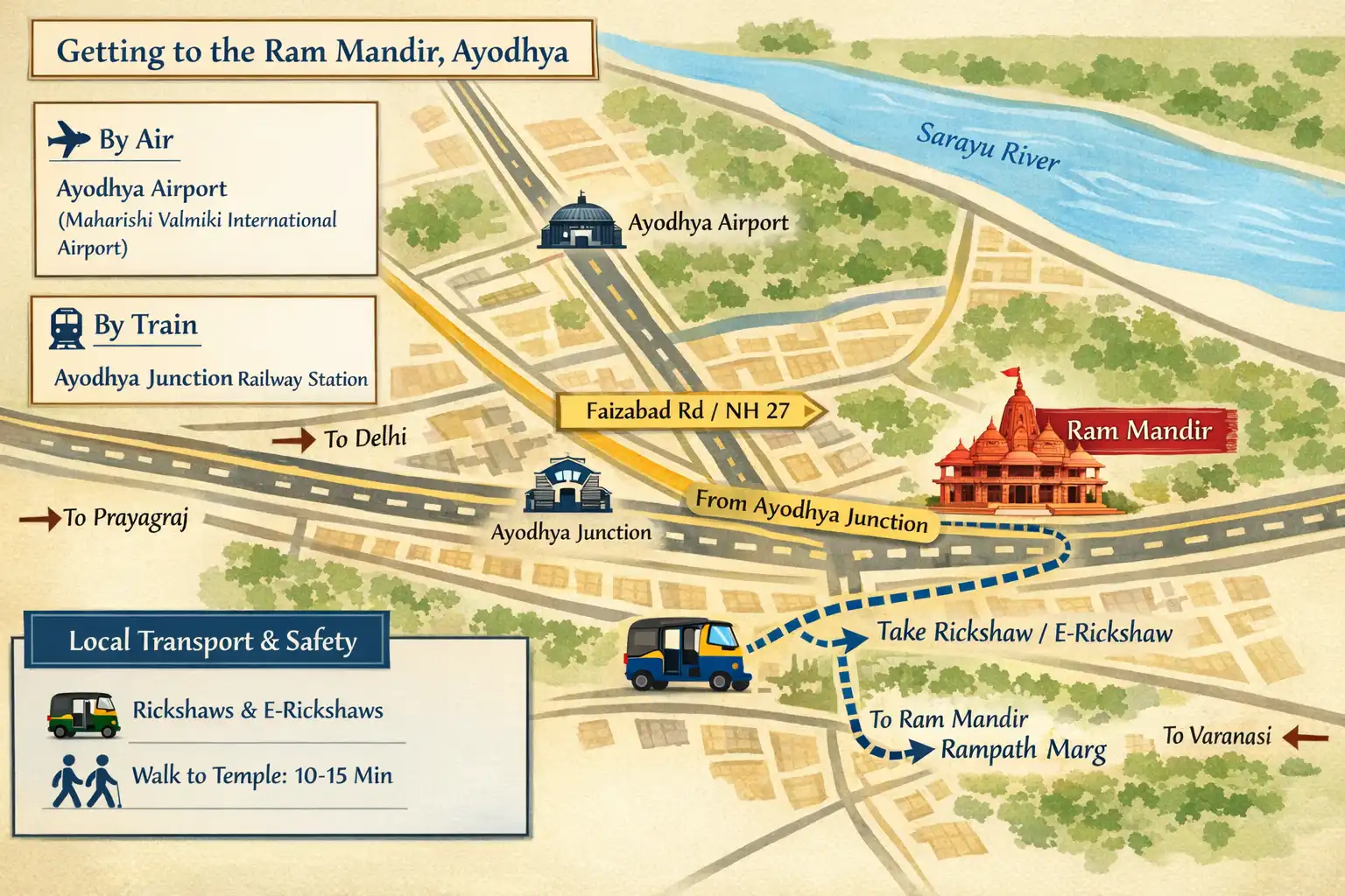 How to Reach Ram Mandir, Ayodhya Simple Route Map Showing Directions from Ayodhya Airport, Railway Station and Local Transport Options for a Safe and Smooth Darshan Journey