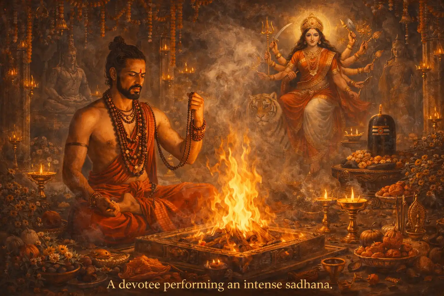 A devotee immersed in intense sadhana, seeking inner purification and divine grace during Gupt Navratri.