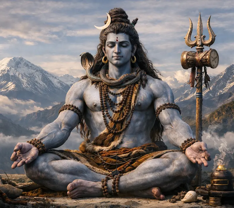Lord Shiva in deep meditation atop a snow-capped Himalayan peak