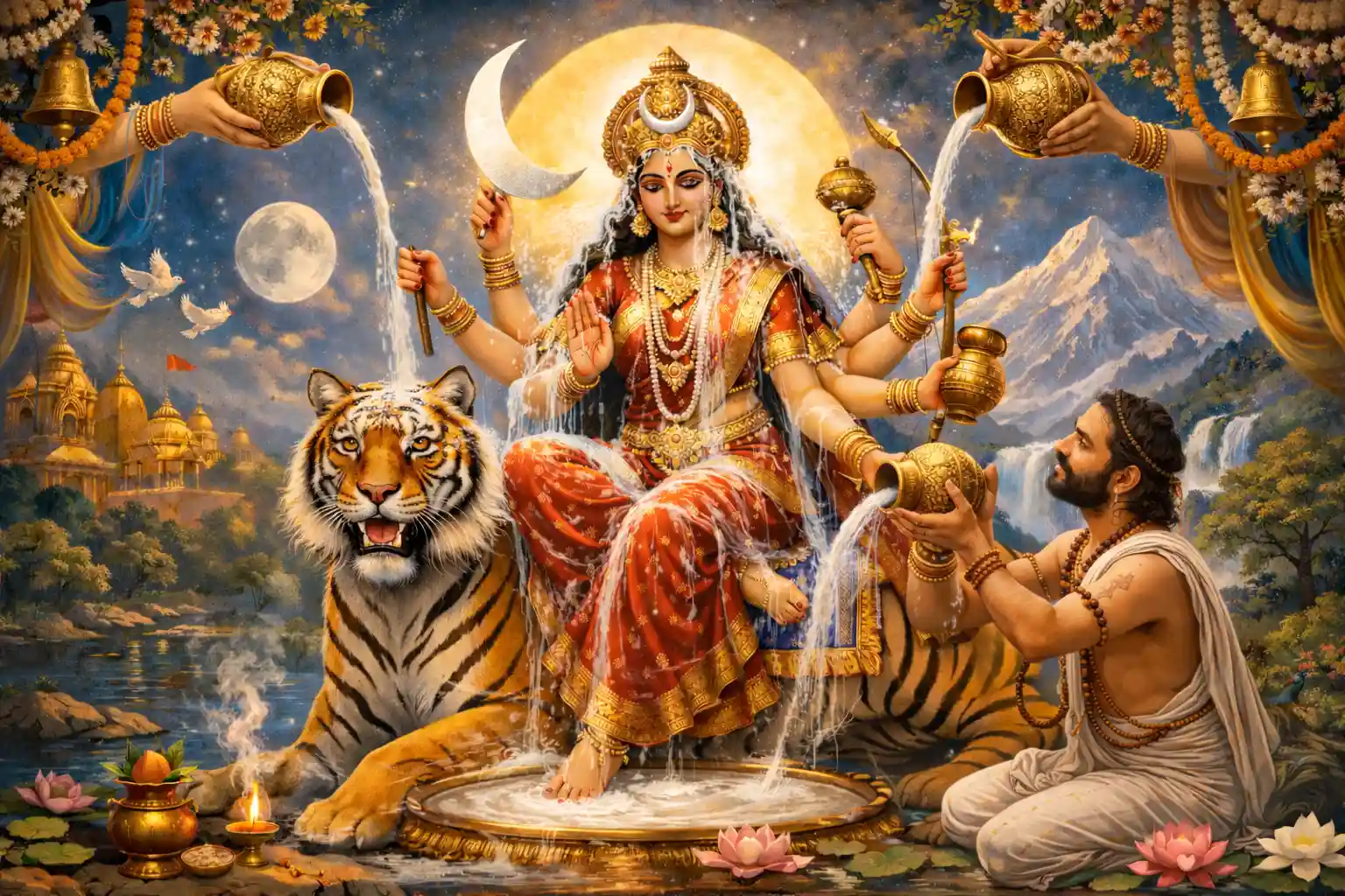 With deep devotion and sacred waters, the devotee performs abhishek to Goddess Chandraghanta, as divine grace flows and blessings descend upon the world